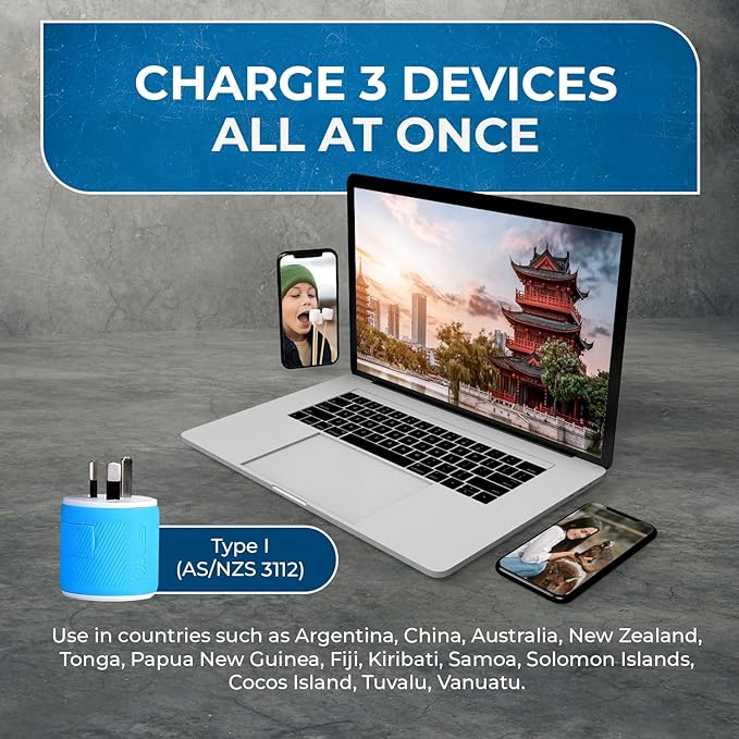 OREI Australia, New Zealand, China Travel Plug Adapter with Dual USB - Type I (U2U-16), Will Work with Cell Phones, Camera, Laptop, Tablets, iPad, iPhone and More