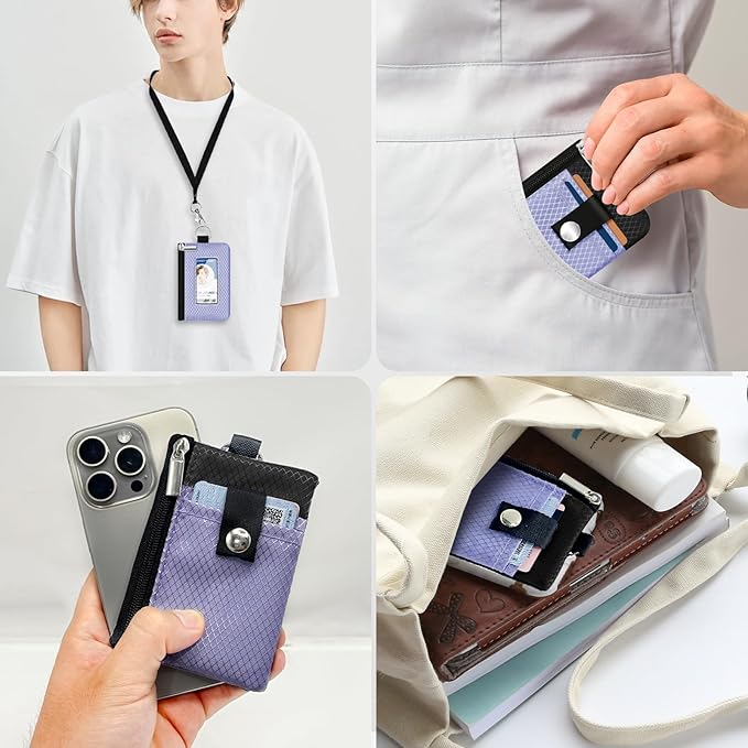 Minimalist RFID Blocking Small Wallet with ID Window,WaterResistant Zip Id Case Wallet with Lanyard Keychain for Cards,Cash,Travel,Women,Men (Lavender Purple/Black)