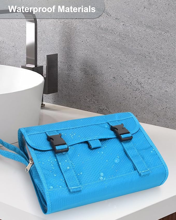 Relavel Travel Hanging Toiletry Bag for Women Men, Large Cosmetic Bags with Compartments, Water-resistant Travel Organizer for Accessories, Shampoo, Full Sized Container, Toiletries (Blue)