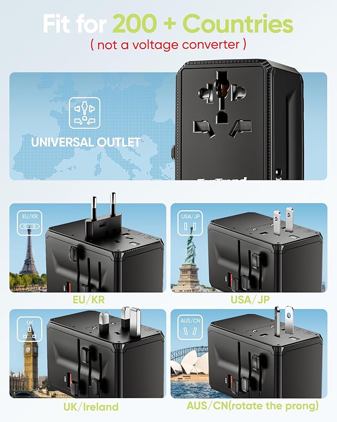 TenTrend Universal Travel Adapter, 140W International Power Adapter with 4 USB-C & 1 USB-A Ports, European Travel Plug Adapter, Worldwide Travel Essentials for EU UK AUS USA