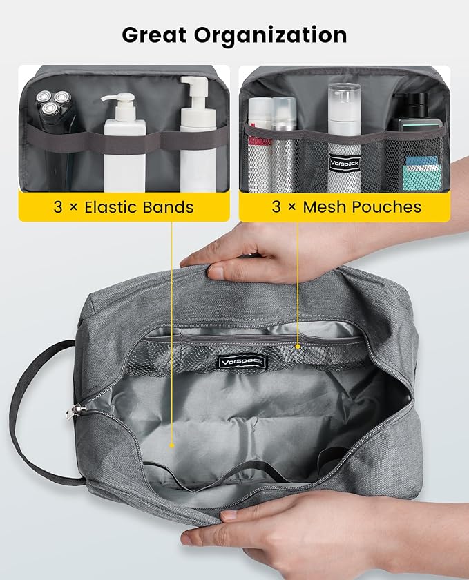 Vorspack Travel Toiletry Bag - Water Resistant Toiletry Bag for Men Large Travel Bag for Toiletries, Accessories - Black