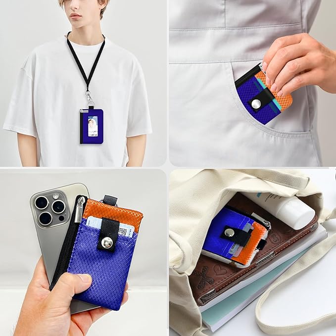 Minimalist RFID Blocking Small Wallet with ID Window,WaterResistant Zip Id Case Wallet with Lanyard Keychain for Cards,Cash,Travel,Women,Men (Sapphire Blue/Orange)