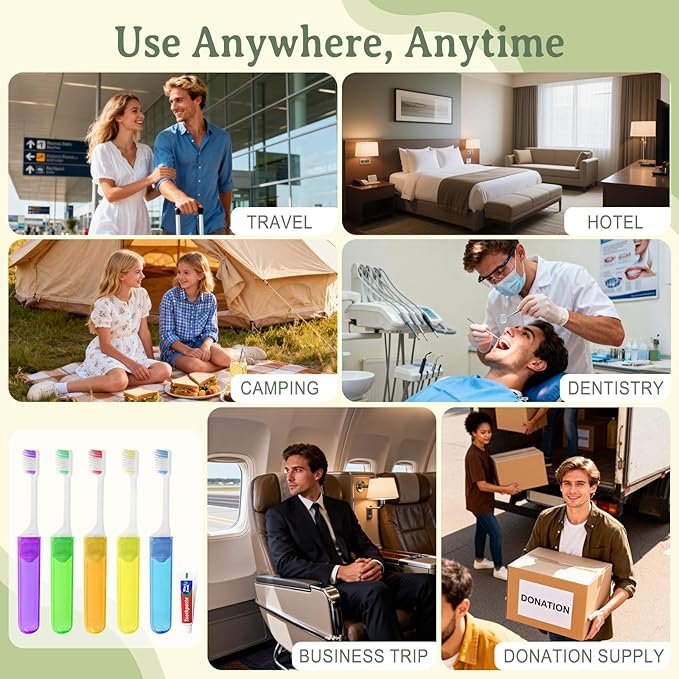 Travel Toothbrush, Toothbrush and Toothpaste Travel Set, Individually Packaged, Includes Storage Case, Foldable Design, 5 Colors, Ideal for Business Trips, and Hotels (5)