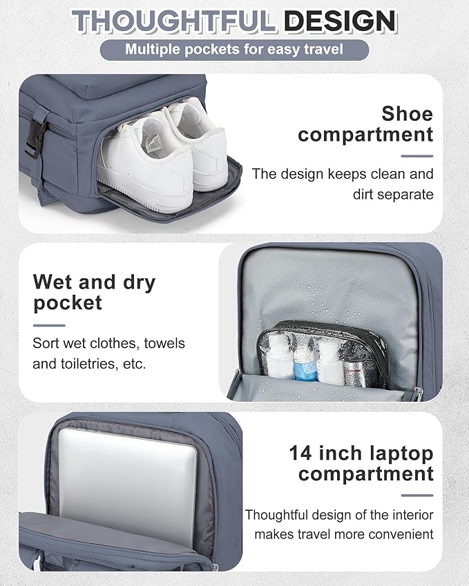 VECAVE Carry On Backpack for Women, Large Travel Backpack Flight Approved, Waterproof 14 Inch Laptop Backpack Business Work Backpacks Men Mochila De Viaje, Blue