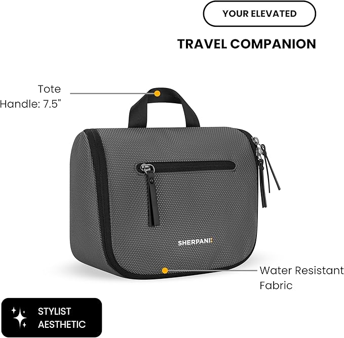 Sherpani Co-Pilot, Travel Toiletry Bag, Hanging Cosmetic Organizer, Water Resistant Makeup Bag, Shower Dopp Kit, Essentials Toiletries for Women, Travel Gift (Granite)