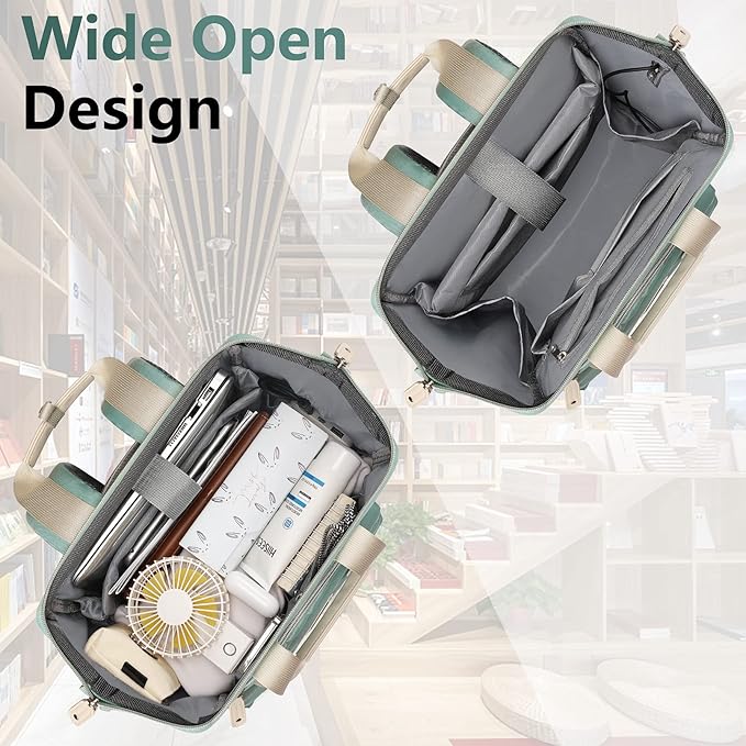 FALANKO Laptop Backpack for Women, Doctor Teacher Nurse Work Bookbag for 17.3 Inch Laptop, Large Travel Wide Open College Shoulder Purse Bag With RFID Anti Theft Green