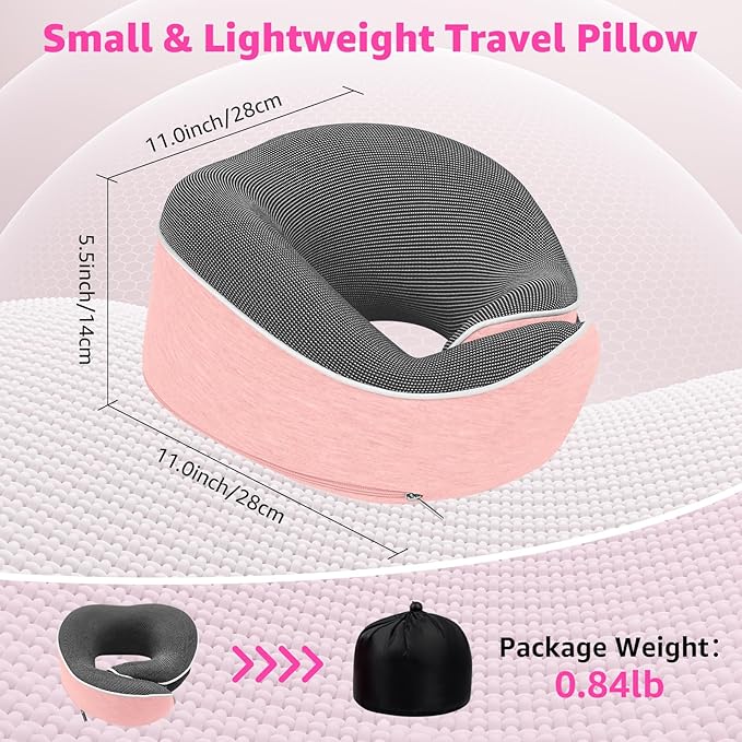Travel Pillows for Airplanes Ergonomic Memory Foam Neck Pillow for Travel - 360° Head & Neck Support for Sleeping on Flights, Cars, Trains & Office (Pink-2)