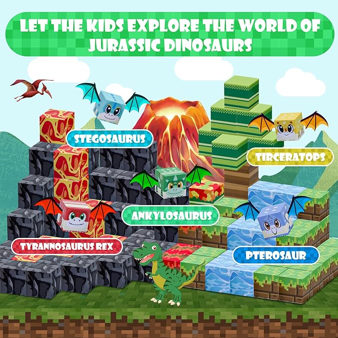 SKTMYY Magnetic Blocks-Volcano & Dinosaur Magnetic Building Blocks Ages 4-8, STEM Sensory Magnet Blocks Cubes Toys for Kids Toddlers Boys & Girls