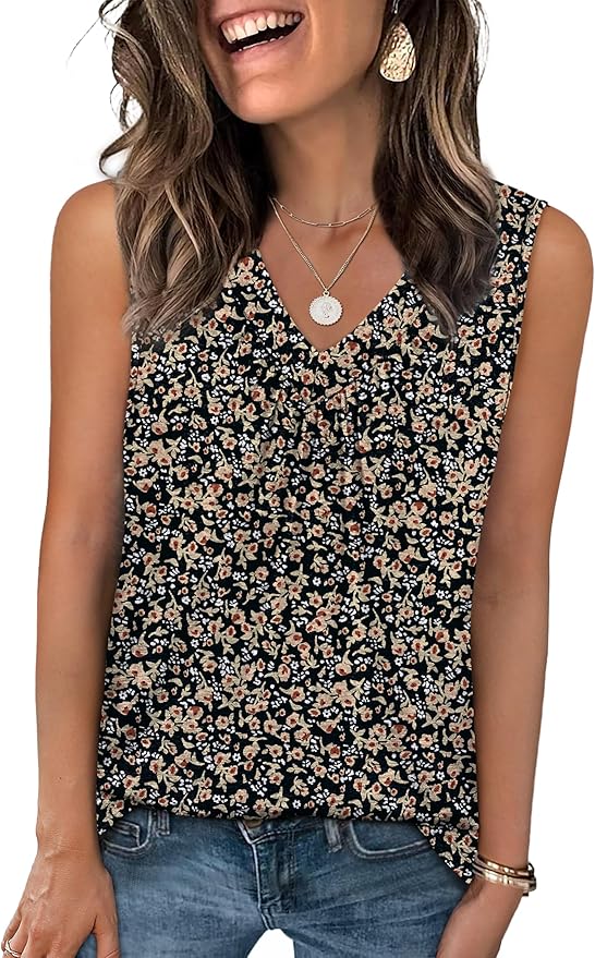 OFEEFAN Tank Top for Women Loose Fit Sleeveless Shirts V Neck Summer Clothes Ruched Women's Tees and Tanks Curved Hem