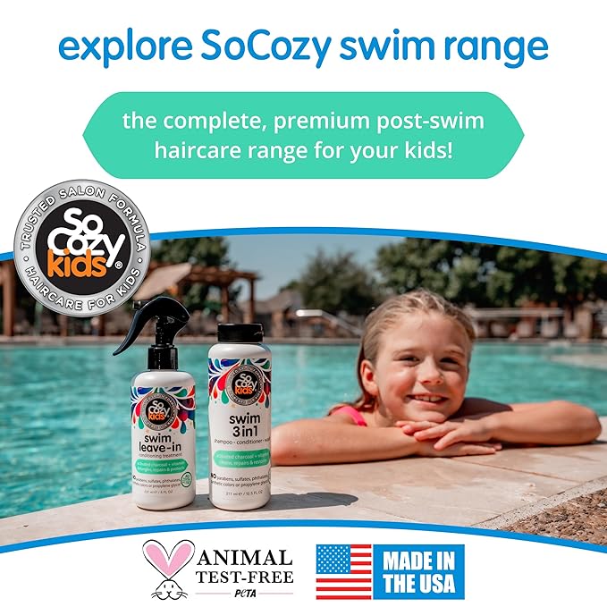 SoCozy Kids Swim 3-in-1 Shampoo, Conditioner & Body Wash - 3-in-1 Combo Pool Shampoo & Conditioner for Swimmers - Salt & Chlorine Removing Activated Charcoal