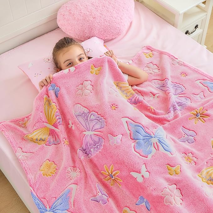 Wajade Glow in The Dark Butterfly Blanket for Girls, Soft Cozy Flannel Kids Throw Blanket for Boys and Girls, Cute Kids Blanket for Sofa Couch Bed, Christmas Birthday Gift 50"x60"
