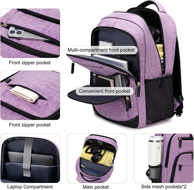 BOVIP Travel Backpack For Men Women,40L Carry On Backpack Flight Approved,TSA Personal Item Travel Bag Fits 17 Inch Laptop,Business Weekender Overnight Daypack Purple