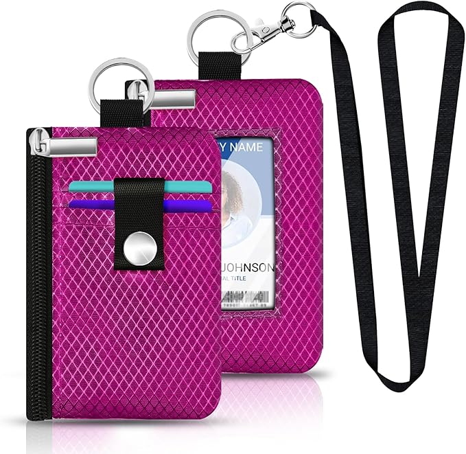 Minimalist RFID Blocking Small Wallet with ID Window,WaterResistant Zip Id Case Wallet with Lanyard Keychain for Cards,Cash,Travel,Women,Men (Purplish Red)
