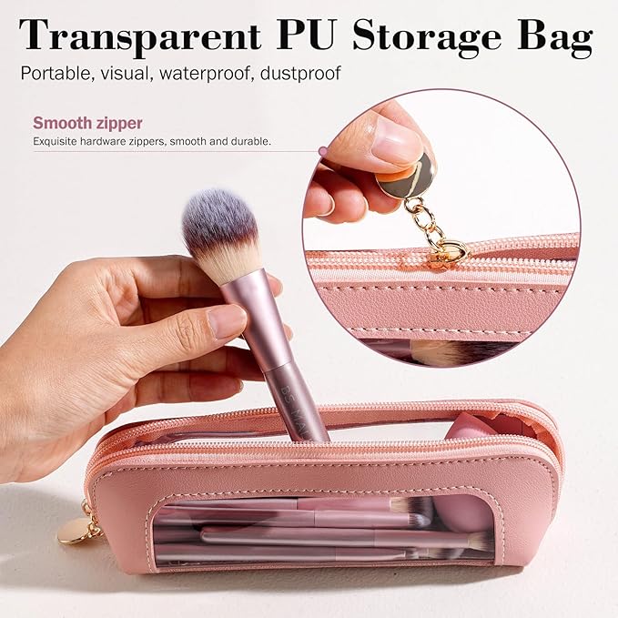 BS-MALL 14 Pcs Makeup Brushes Set with 1 Pcs Makeup Sponge – Essential Foundation Powder Concealers, Eye Shadows, Blush Makeup Brushes with Travel Makeup Case (Matte Gold Pink)