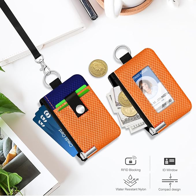 Minimalist RFID Blocking Small Wallet with ID Window,WaterResistant Zip Id Case Wallet with Lanyard Keychain for Cards,Cash,Travel,Women,Men (Orange/Sapphire Blue)