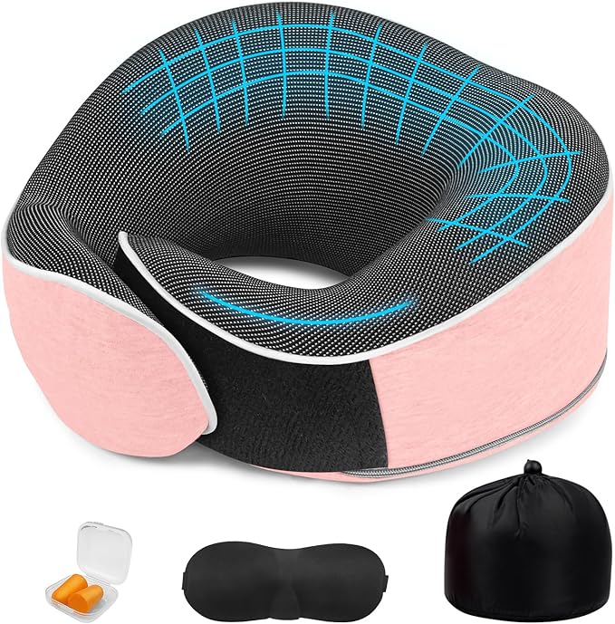 Travel Pillows for Airplanes Ergonomic Memory Foam Neck Pillow for Travel - 360° Head & Neck Support for Sleeping on Flights, Cars, Trains & Office (Pink-2)