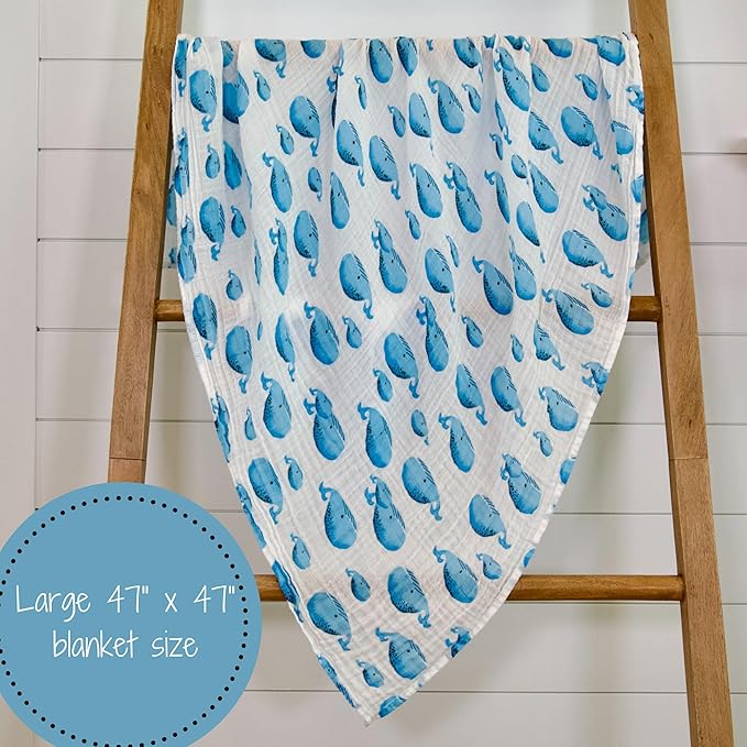LollyBanks Muslin Swaddle Blanket, 100% Muslin Cotton Swaddles for Baby Boys Breathable and Lightweight, 47 X 47 Inches Newborn Receiving Blanket for Boys, Baby Essential, Registry (Whale Print)