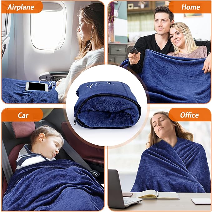 Travel Blanket Airplane Pillow, Premium Soft Polyester 2 in 1 Travel Pillow Airplane Blanket with Soft Bag Pillow Case Travel Essentials with Storage Bag and Handle Belt (Blue)