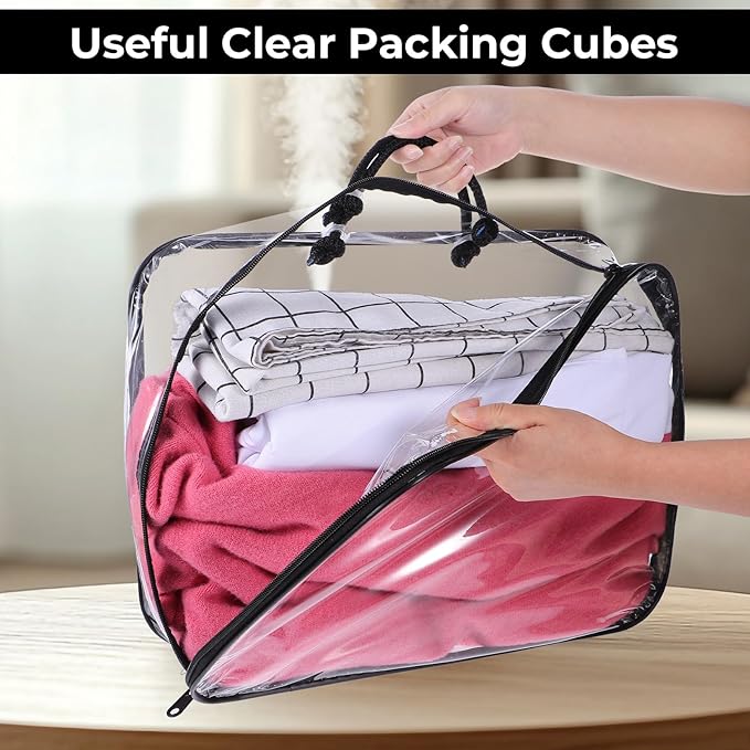 6 Pcs Large Clear Travel Packing Cube, See-Through PVC Organizer, Vinyl Zippered Storage Bags Multipurpose Pouch with Handle for Suitcase Pants, Cashmere, Sweaters Shirts Dress Storage