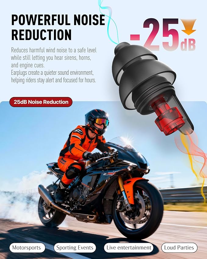 Motorcycle Ear Plugs 2Pairs, Wind Noise Reduction & Prevent Hearing Damage, Comfort Reusable Earplugs for Motorsports, Touring, Racing, Riding, 2 Sizes Fit All Ear-Canal, 25dB Noise-Reduction Earbuds
