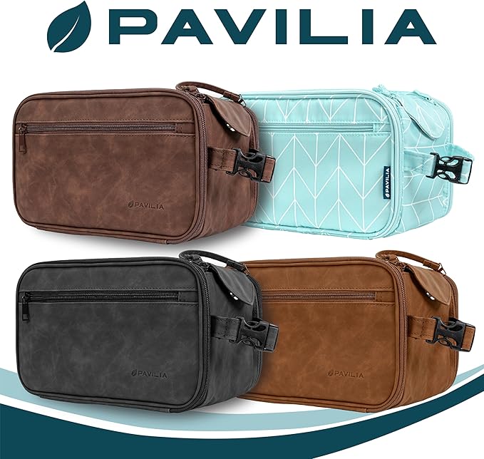 PAVILIA Toiletry Bag for Men, Hanging Travel Dopp Kit Organizer, PU Leather Water Resistant Bathroom Bag for Shaving Grooming, Large Capacity Cosmetic Bag Travel Essentials, Dark Brown
