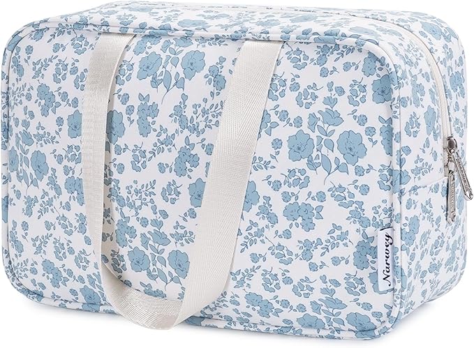Narwey Full Size Toiletry Bag Women Large Cosmetic Bag Travel Floral Makeup Bag Organizer Medicine Bag for Toiletries Essentials Accessories (Blue Flower,Large)