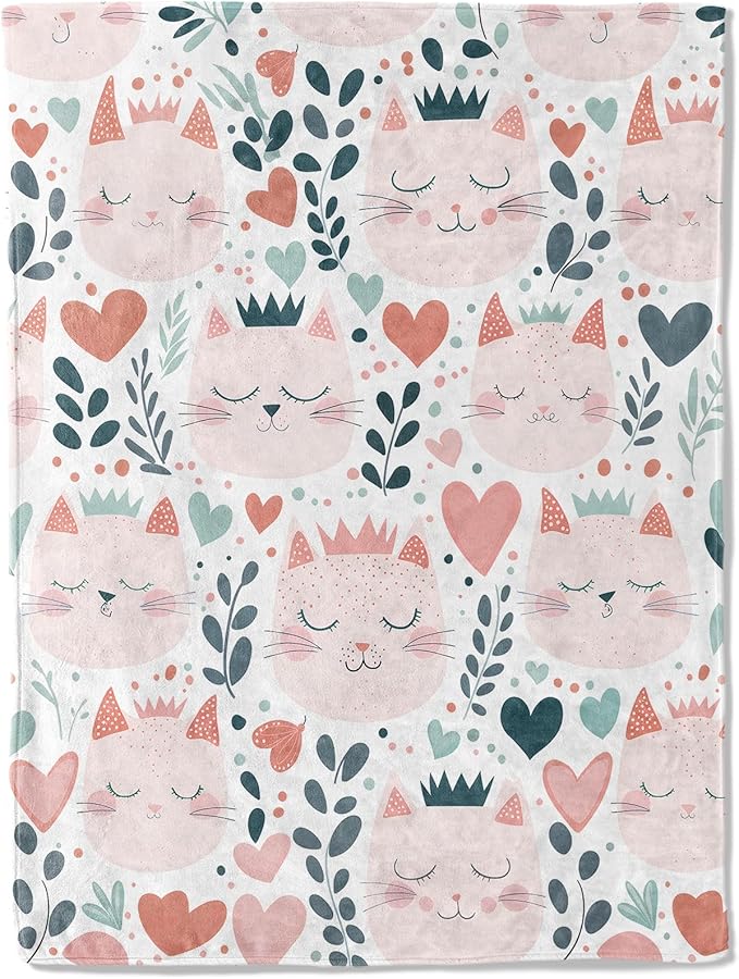 Cute Cat Faces Flannel Blanket - Cartoon Kitten Heart and Crown Throw - Lightweight Soft Cozy Gifts Blankets for Kids & Pet Lovers,Modern Home Room Bedroom Decor 60x80in