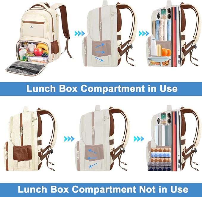 MATEIN Backpack Lunch Bag for Women, Sturdy Teacher Nurse Insulated Cooler Backpack for Work College Commute Travel, Stylish Cute 17 Inch Laptop School Bag with Lunch Compartment, Beige-Brown