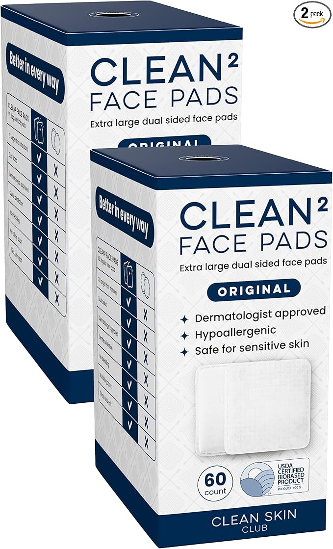 Clean Skin Club Clean² Pads 2.0 [NEW & Improved Edges] Guaranteed Not to Shed & Tear, Unique Triple Layers, Textured Side & Ultra Soft Side, Organic Disposable Cotton, Pair with Makeup Remover 2 Pack
