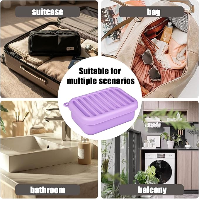 Silicone Leak-Proof Travel Soap Case, Portable Soap Container with Removable Draining Pad, Shatter-Proof Soap Holder for Travel, Gym, Camping, Bathroom(Light Purple)