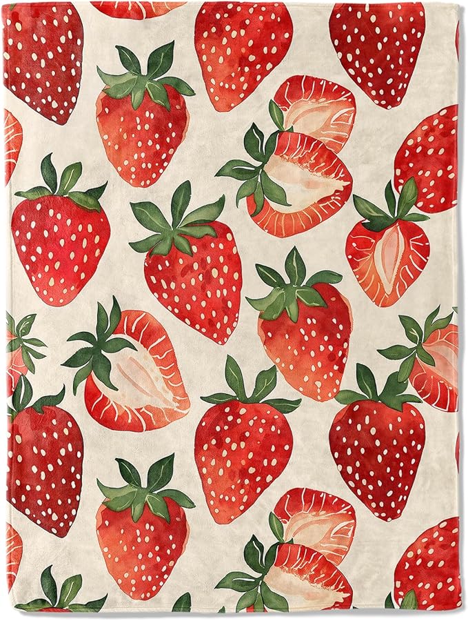 Strawberry Flannel Blanket - Fresh Sweet Summer Fruit Berry Throw - Lightweight Soft Cozy Gifts Blankets for Kids Adult,Modern Home Room Picnic Bedroom Rustic Country Decor 60x80in