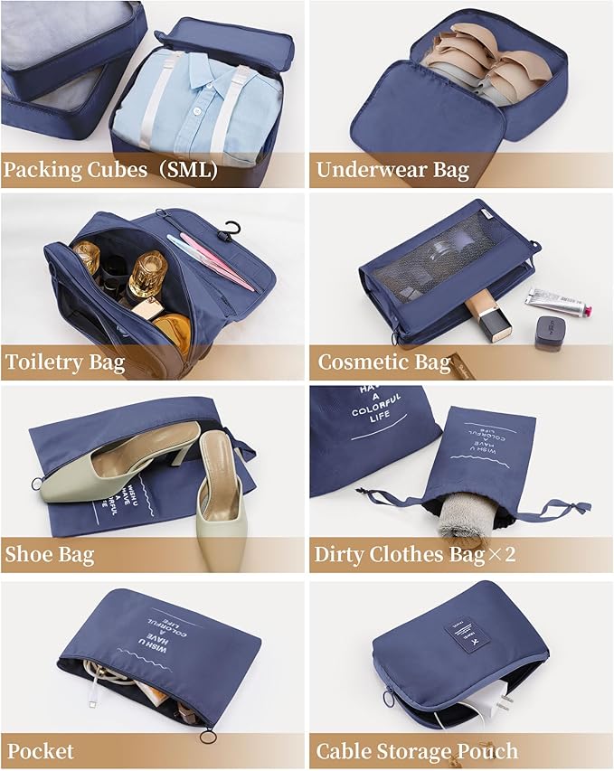 Anjing 11 PCS Packing Cubes for Suitcases Carry on, Space-Saving Travel Luggage Packing Organizers for Travel Essentials, Water-Resistant Luggage Suitcase Organizer Bags Set, Navy Blue