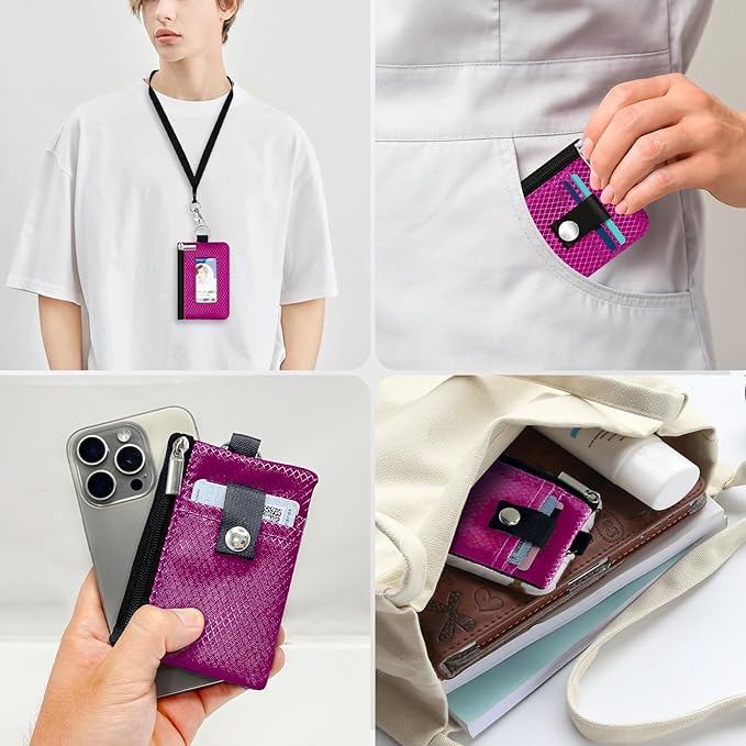 Minimalist RFID Blocking Small Wallet with ID Window,WaterResistant Zip Id Case Wallet with Lanyard Keychain for Cards,Cash,Travel,Women,Men (Purplish Red)