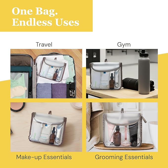 (re)zip TSA Approved Travel Toiletry Bag with Hanging Loop, Travel Quart Bag– Reusable Clear Makeup bags with zipper, Clear Pouch for Travel Essentials, Cosmetic | BPA-Free, Machine Washable - Gray
