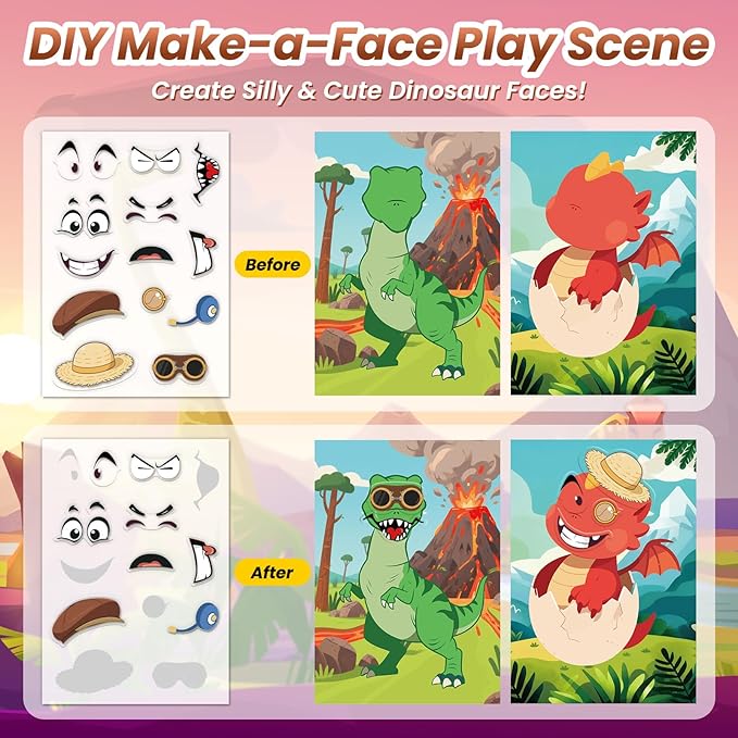 Dinosaur Reusable Sticker Book for Toddlers, DIY Make-a-face Animals Jelly Fun 3D Stickers, Washable Puffy Stickers for Kids Toys, Airplane Road Trip Travel Activities Essentials for Kids 3 4 5 Years