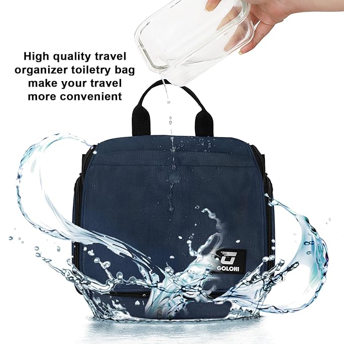 Goloni Hanging Toiletry Bag, 10 Compartments Water-Resistant Makeup Bag with 360° Spinning Metal Hook, Large Travel Cosmetic Organizer for Men & Women, Blue (7.05oz)