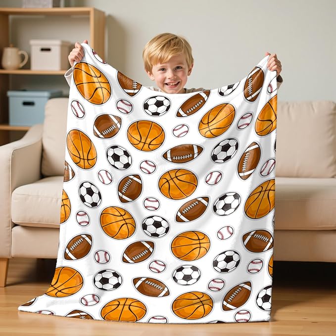 Wajade Sports Balls Blanket for Boys Soft Fleece Baseball Basketball Soccer Blanket for Couch Sofa Bedroom Fuzzy Flannel Blankets Birthday for Kids Boys 50"x60"