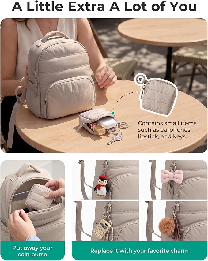 BAGSMART Small Backpacks for Women, Lightweight Puffer Mini Backpack Purse with Pouch, Quilted Casual Daypack, Water-Resistant Bookbag for Daily Travel College, 2-in-1 Set, Lavender Purple