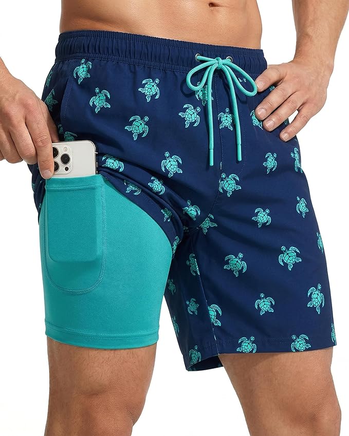 7 Inch Men Swim Trunks with Compression Breathable Liner Quick Dry Zipper Pockets for Pool Board Beach Cruise