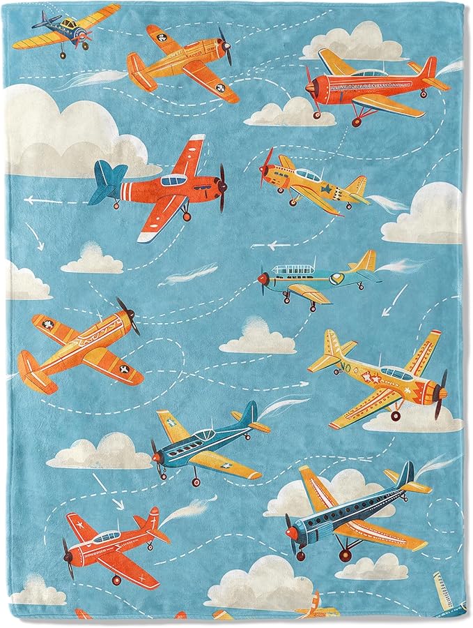 Vintage Airplane Flannel Blanket - Playful Aviation Colorful Planes on Blue Sky Throw - Lightweight Soft Cozy Gifts Blankets for Kids & Plane Lovers,Modern Home Room Whimsical Decor 60x80in