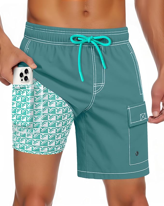 Men Swim Trunks with Compression Liner Quick Dry Breathable Multi Pockets for Summer Beach Cruise Water Park