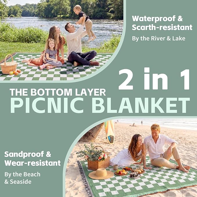 2 in 1 Extra Large Outdoor Picnic Mat Woven Summer Throw Blanket Boho Giant Beach Travel Essential Yoga Accessories Park Patio Lawn Garden Grass Ground Play Music Festival Concert Must Have