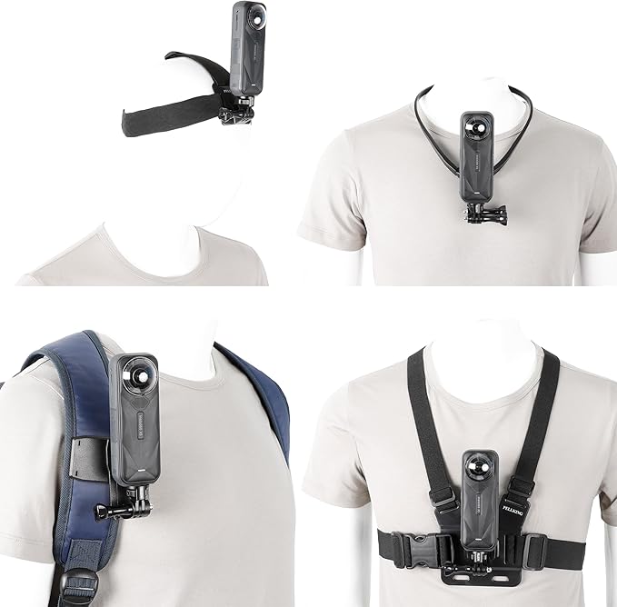 PellKing Accessories Kit for Insta360 X5 X4 ONE X3 X2 X GO 3s RS R, 4in1 Chest Strap Harness/Head Mount/Neck Holder/Backpack Strap Mount for Insta 360 GoPro DJI Action Camera