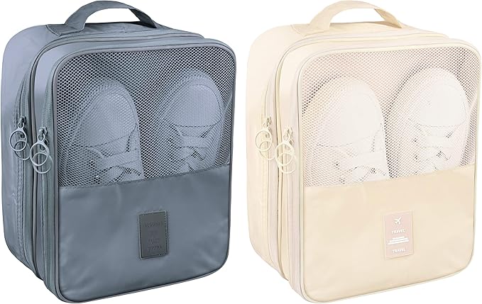 Travel Shoe Bags 2 Pcs of Shoe Organizers Set for Suitcase Hold 3 Pair of Shoes Waterproof Shoe Packing Cubes for Travel and Daily Use Storage Pouch with Handle (Grey+Beige)