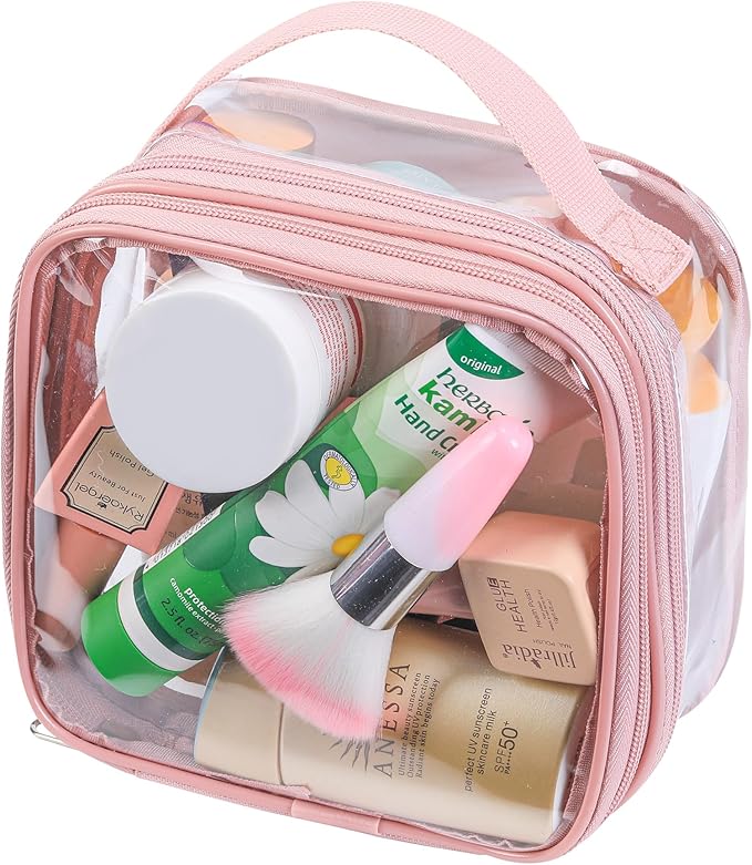 BORMELUN TSA approved small toiletry bag - clear travel pouch carry on case organizer reusable see-through pvc plastic small （pink