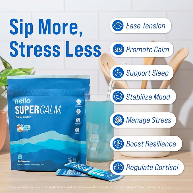 Nello Supercalm Drink Mix with Magnesium Glycinate, KSM 66 Ashwagandha, Vitamin D3 and L Theanine, Calm Powder Supplements for Relaxation Support, No Sugar, Travel Packets, 20 Ct, Blue Coconut