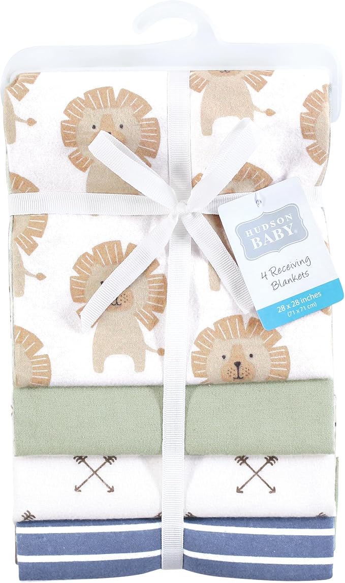 Hudson Baby Unisex Baby Cotton Flannel Receiving Blankets 4-Pack, Modern Lion, One Size