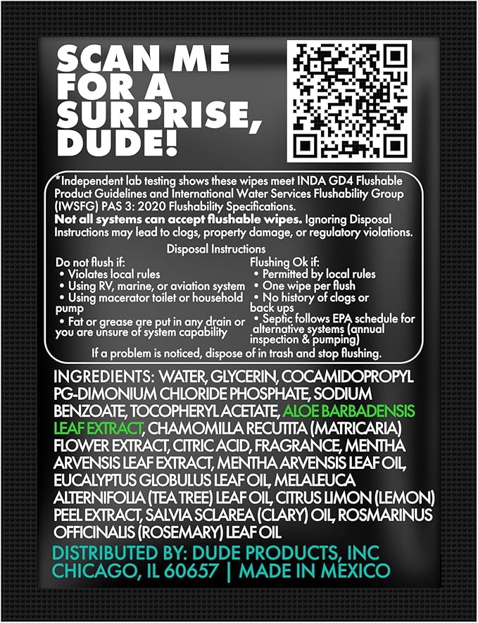 DUDE Wipes On-The-Go Mint Chill Travel Wipes - 30 Count (Individually Wrapped) - Extra-Large Adult Flushable Wipes - Infused with Tea Tree Oil, Vitamin E, and Aloe - Septic and Sewer Safe