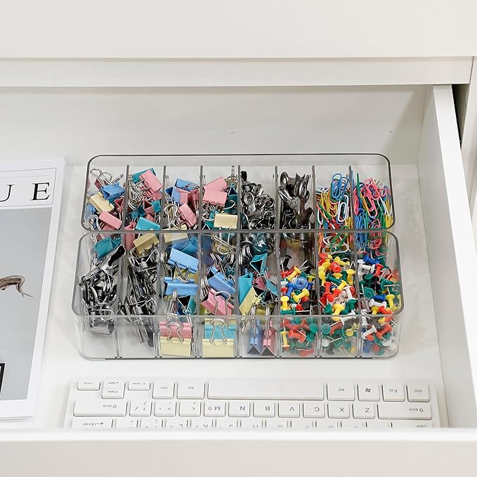 Clear Cable Cord Organizer Box, Adjustable Desk Drawer Storage Case for Home Office Supplies, Battery and Cell Phone Charger, Plastic Art Crafts Container