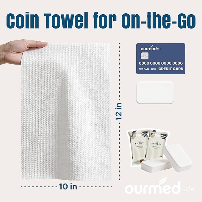 Ourmed Life Mini Compressed Towel Tablets, Portable Disposable Face Towels, Individually Wrapped Mini Tablets, Expands with Water, Soft & Lint-Free, 12 x 10 Inch, Travel Size (56 Count)